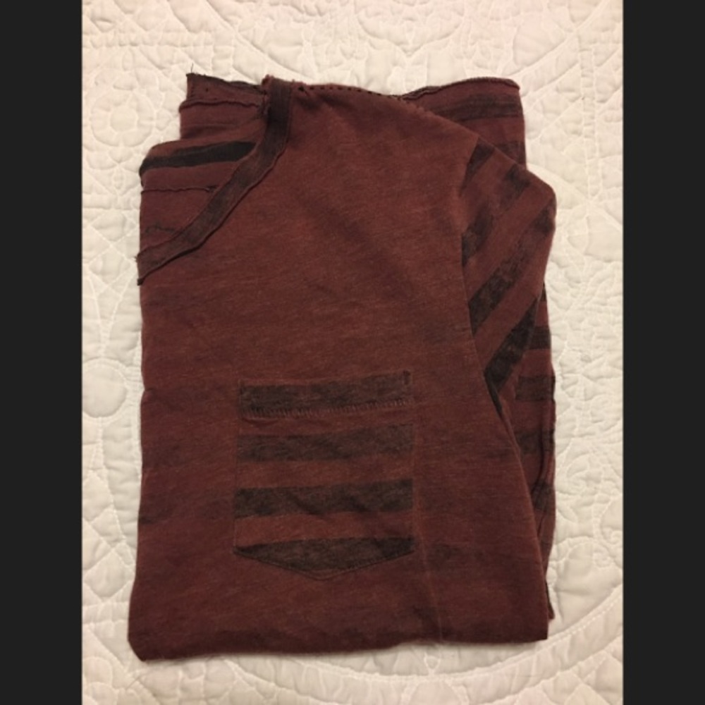 Distressed Striped Burgundy Pocket Helix Vneck Tee